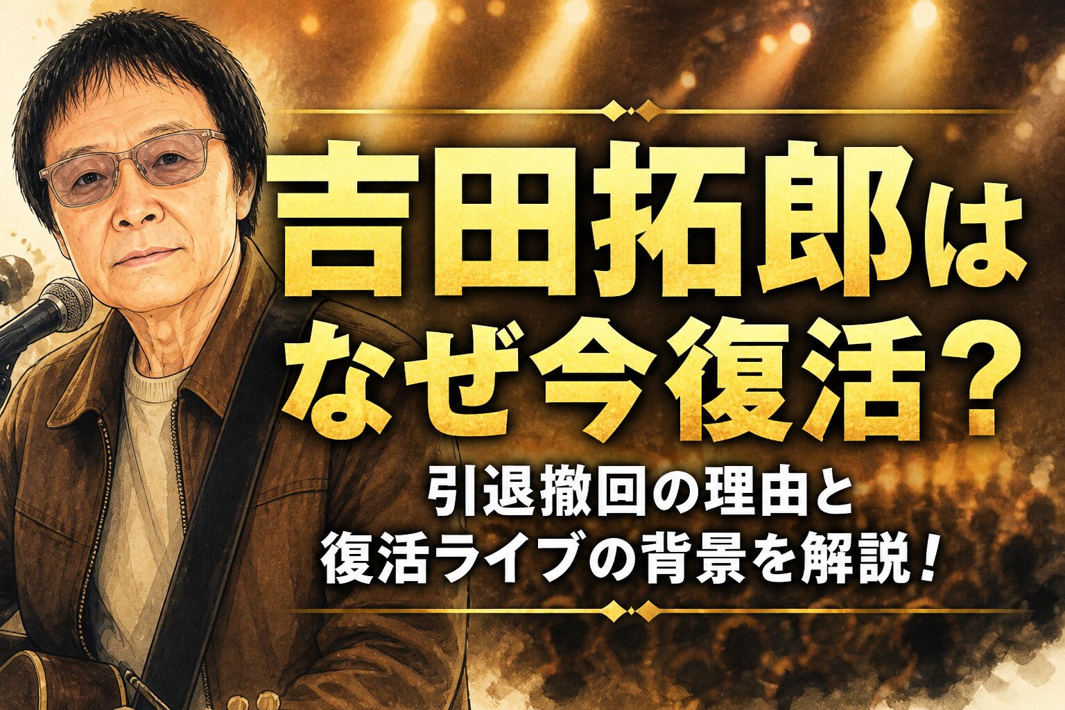 タイトル 吉田拓郎はなぜ今復活？引退撤回の理由と復活ライブの背景を解説！ イメージアイキャッチ画像